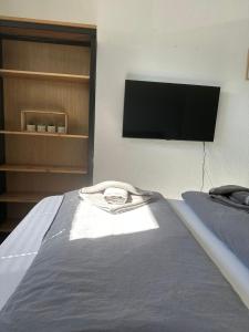 um quarto com uma cama e uma televisão de ecrã plano em Green Park Apartment em Bremerhaven