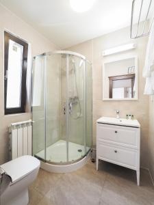 a bathroom with a shower and a toilet and a sink at Boutique Central in Sibiu