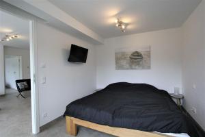 Schlafzimmer mit einem Bett und einem Flachbild-TV in der Unterkunft Strandresidenz Appartement Haubentaucher G22 in Binz