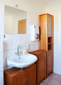 ein Bad mit einem Waschbecken und einem Spiegel in der Unterkunft Ferienwohnung Hase in Thale