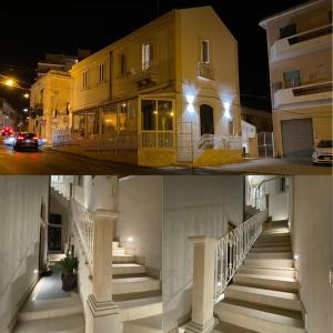 duas fotos de um edifício com escadas e luzes em Lakkios charming suites and rooms em Siracusa