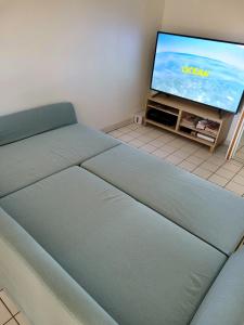 sala de estar con sofá y TV de pantalla plana en Résidence du Lac-Disneyland Paris-TARIF FAMILIAL, en Émerainville