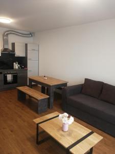 ein Wohnzimmer mit einem Sofa und einem Tisch in der Unterkunft TEREC HAUS in Bruckneudorf