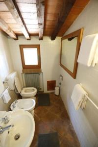 y baño con aseo, lavabo y espejo. en I Mandrioli, una casa immersa nella natura., en Casale Marittimo