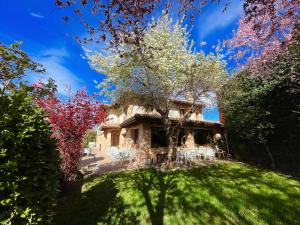 dom na trawniku z drzewami i krzesłami w obiekcie Hotel rural Los Manzanos w mieście Rascafría