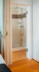 ein Bad mit einer Dusche und einer Glastür in der Unterkunft Lieblingsapartment No.11 in Toplage mit 2 SZ in Rostock