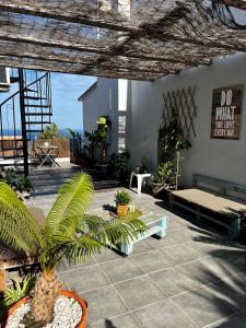 un patio con plantas, una cama y una mesa en Sunshine loft, en Gran Alacant