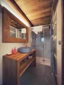 a bathroom with a sink and a shower at AMELU' LOCAZIONI TURISTICHE in Ostana