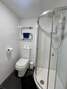 uma casa de banho branca com um WC e um chuveiro em Stylish Modern Apartment For Up To 4 Nr CityCentre em Cardiff