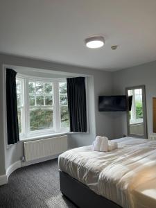 a bedroom with a large bed and two windows at St Andrews Town Hotel in Droitwich