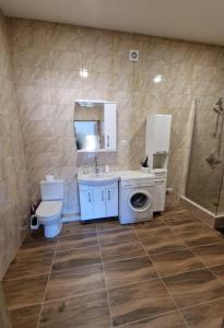 a bathroom with a toilet a sink and a washing machine at Alvydo apartamentai in Kaunas