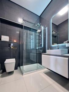 La salle de bains est pourvue d'une douche, de toilettes et d'un lavabo. dans l'établissement Apartbaltic - Platan Tower, à Świnoujście