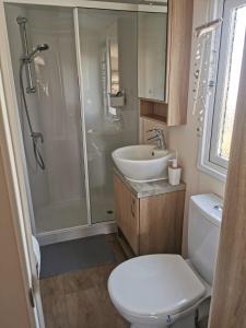een badkamer met een douche, een toilet en een wastafel bij CS 71 - Vakantiepark Callassande in Callantsoog
