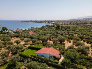 een luchtbeeld van een huis in een veld naast het water bij Luxurious villa, with big garden next to beach in Selianitika