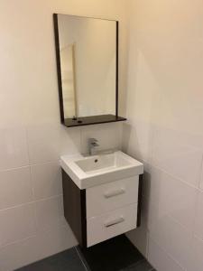 Baño blanco con lavabo y espejo en Ballumerhoeve Petit lodge, en Ballum