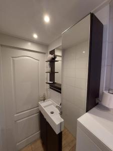 a white bathroom with a sink and a mirror at Zomerhuis Tuls in Egmond aan Zee
