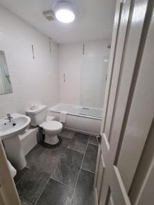 y baño con lavabo, aseo y ducha. en 3 bed holiday home with hot tub Valley Lodge 32 en Gunnislake