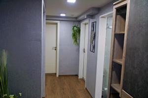 un corridoio con pareti blu e pavimenti in legno di hübsche Souterrainwohnung a Königslutter am Elm