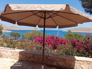 a tan umbrella sitting in front of some flowers at Villa Ftenagia in Halki