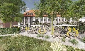 una representación arquitectónica de un patio con mesas y sombrillas en Stadthotel Bocholt, en Bocholt