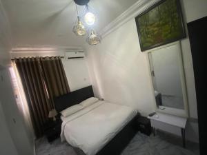 ein kleines Schlafzimmer mit einem Bett und einem Spiegel in der Unterkunft Keduu beautiful luxury apartment lekki in Lagos