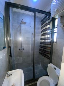 ein Bad mit einer Dusche, einem WC und einem Waschbecken in der Unterkunft Keduu beautiful luxury apartment lekki in Lagos