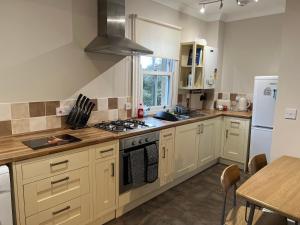uma cozinha com armários brancos e um forno com placa de fogão em The Snicket Apartment em Basingstoke