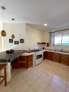 a kitchen with a stove and a sink at Costa Riki Apartments in Santa Teresa Beach