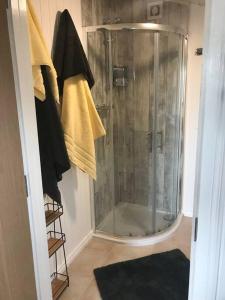 a shower with a glass door in a bathroom at Bumble Bee Cottage in Plymouth