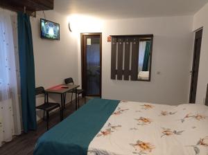 una camera da letto con un letto, un tavolo e una televisione di Casa Anda ad Azuga