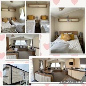 un collage de fotos de un dormitorio y una casa en Coastfields 3 bed 8 berth holiday home en Ingoldmells