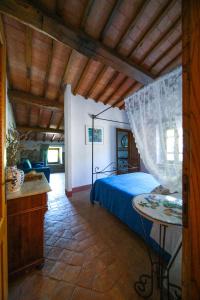 um quarto com uma cama e um tecto de madeira em Agriturismo La Colombella em Bagni San Filippo