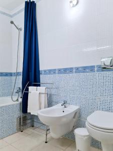 ein blau-weißes Bad mit einem WC und einem Waschbecken in der Unterkunft SÍTIO DO RAPOSO - Carvoeiro - WiFi, AC, Beach & Center 200m in Carvoeiro