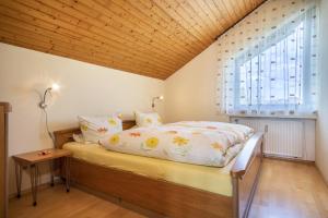 un letto in una camera con una grande finestra di Ferienwohnung Camilla Wagner ad Amtzell