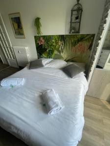 ein weißes Bett mit zwei Kissen darüber in der Unterkunft Studio Bel Air FSHH in Nizza