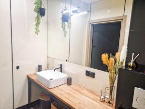 a bathroom with a sink and a mirror at Apartament LOFT in Pszczyna