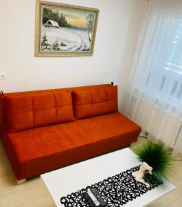 an orange couch in a living room with a rug at Home sweet home in Radviliškis