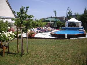 un patio trasero con piscina y sombrilla en Pension Stauber en Hohenburg