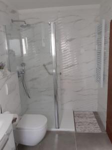 een witte badkamer met een douche en een toilet bij Apartment Valens in Poreč