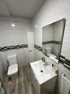 W łazience znajduje się umywalka, toaleta i lustro. w obiekcie AYALA APARTAMENTO w Maladze