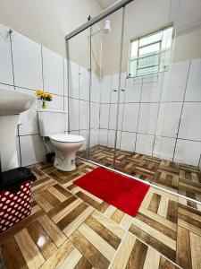 a bathroom with a toilet and a shower and a red rug at Divino Espírito Santo in Aparecida