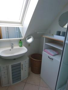 a bathroom with a sink and a skylight at Ferienapartment-Loebau-Stadt-und-Messenah in Löbau