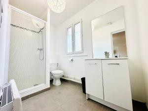 a white bathroom with a shower and a toilet at Reims Sherpa Lodge in Reims +4 photos