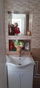 una mujer tomando una foto de un lavabo en un baño en BELA VILA MIJALKOV, 
