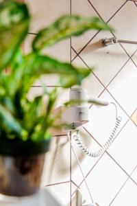 a phone hanging on a wall next to a plant at Villa Cavo d' Oro in Korissia