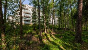 a building in the middle of a forest with trees at Aquamarina Międzyzdroje Apartament 234 in Międzyzdroje