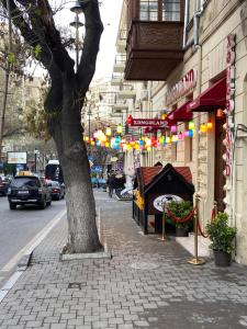 a tree on a sidewalk next to a street at Baku Home Hostel in Baku