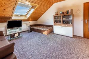 a living room with a couch and a flat screen tv at Haus Elfi in Hausen am Tann