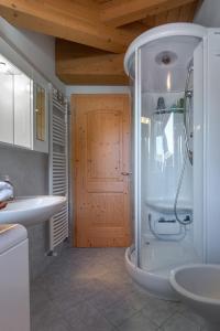 ein Bad mit einer Dusche, einem WC und einem Waschbecken in der Unterkunft DolomiApartments - Appartamento Coronelle in Predazzo