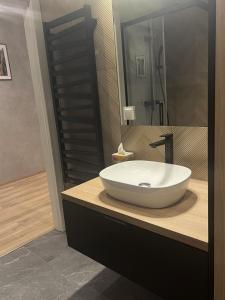 a bathroom with a large white bowl sink on a counter at AMSTERDAM - nowy apartament w centrum z prywatnym zadaszonym parkingiem in Nowy Targ